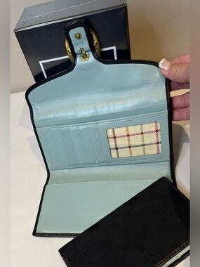 Coach Bleeker Wallet Black Leather Light blue with Tattersall